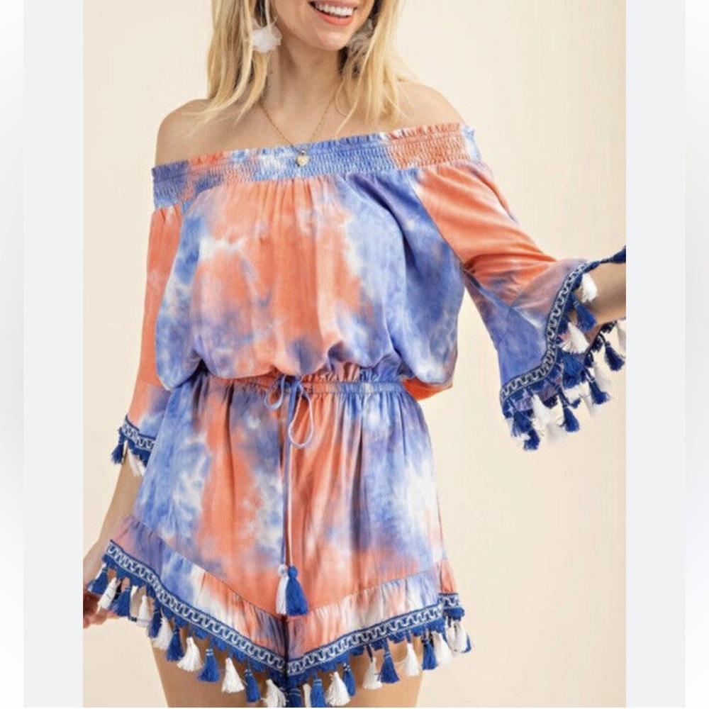 Kori America Tie Dye Smock Off Shoulder Tassel Romper Large Beach NWT 🏝️